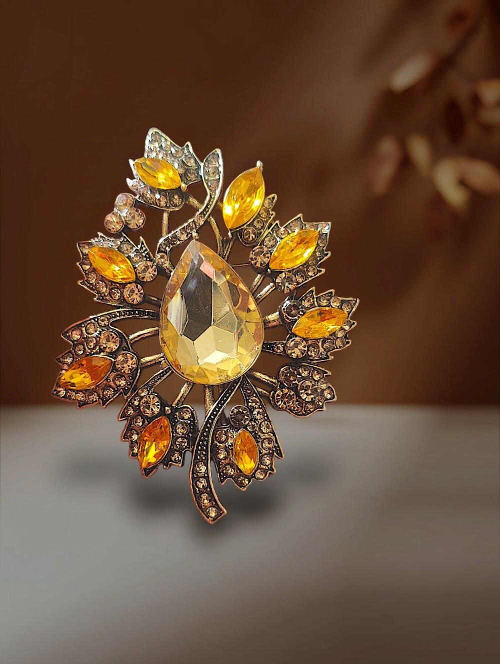 Amber Rhinestone Leaf Brooch